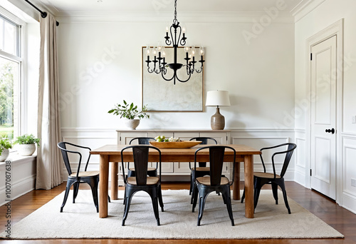 Modern farmhouse dining room interior design with black chandelier and wood table