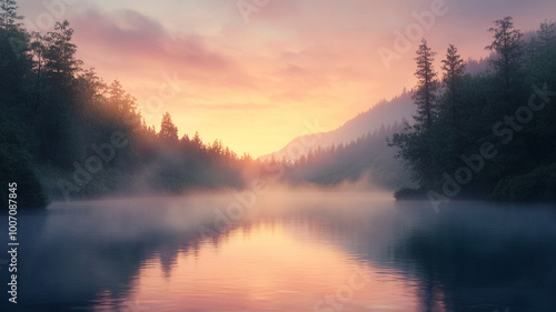 Wallpaper Mural tranquil lake at dawn with mist rising from water, surrounded by lush trees and mountains, creates serene and peaceful atmosphere Torontodigital.ca