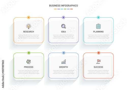 6 clean infographic design shaped elements template, symbolizing the six stages of business strategy and progression. Progress bar or timeline. Vector for presentation, web site or app.