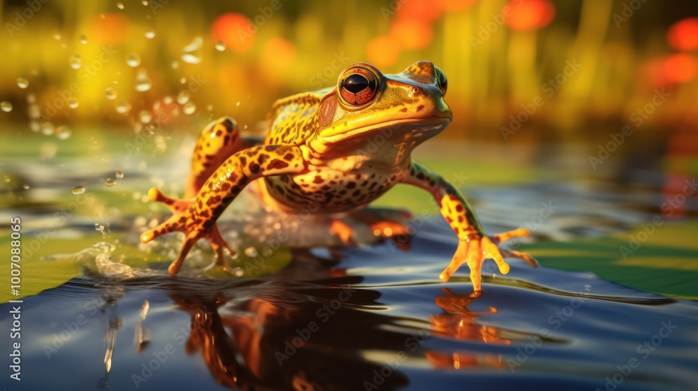 Fototapeta premium A Green Frog Leaps Out Of Water