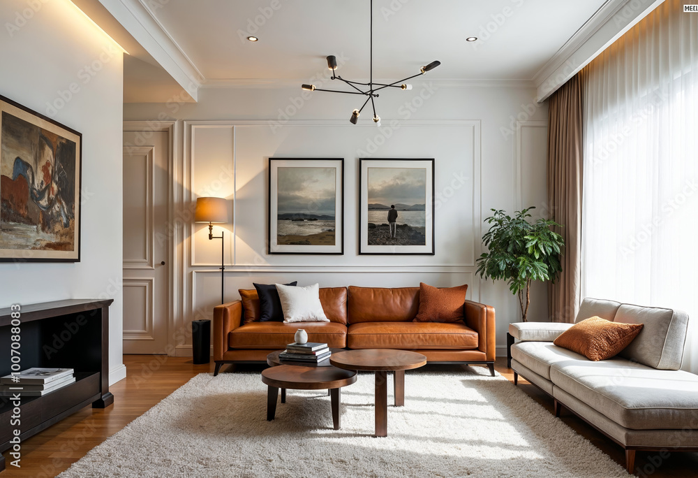 Fototapeta premium Modern living room interior design with brown leather sofa white rug and green plant minimal home decor