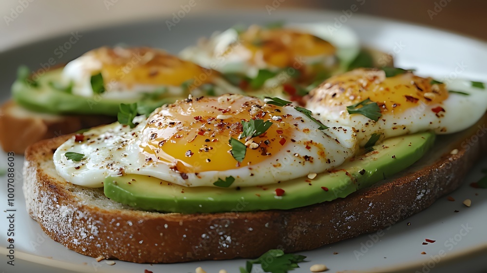 Two slices of toasted bread topped with avocado, fried eggs, parsley, and spices. Two slices of toasted bread topped with avocado, fried eggs, parsley, and spices.