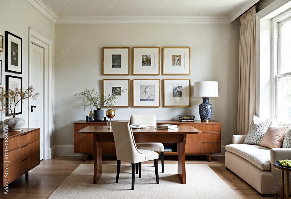 Fototapeta premium Elegant Home Office Interior Design with Mid Century Modern Furniture