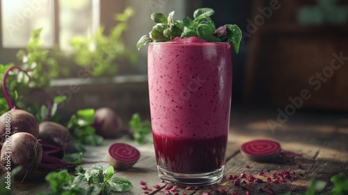 Wallpaper Mural Beetroot smoothie in a large glass, fresh beets with tops, old wooden background Torontodigital.ca
