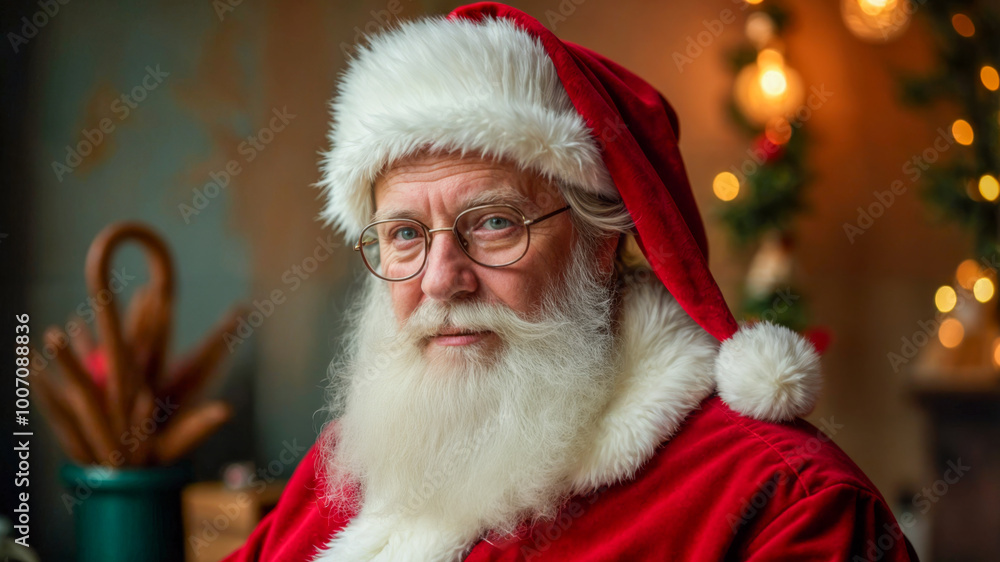 Santa Claus in a cozy holiday setting, wearing a classic red suit with white trim, surrounded by festive decorations Santa Claus in a cozy holiday setting, wearing a classic red suit with white trim, surrounded by festive decorations