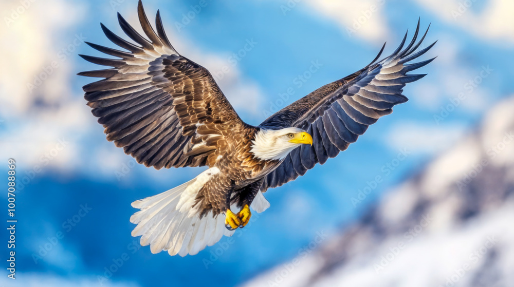 Fototapeta premium A majestic bald eagle soaring gracefully over snowy mountain peaks in bright daylight
