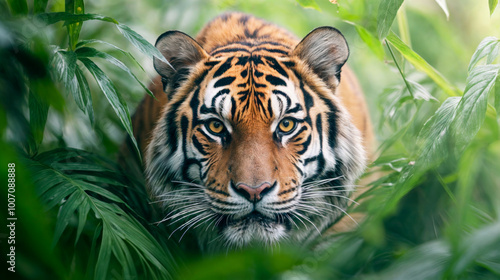 The powerful tiger remains hidden among vibrant green plants, showcasing its striking features and intense gaze in a natural setting