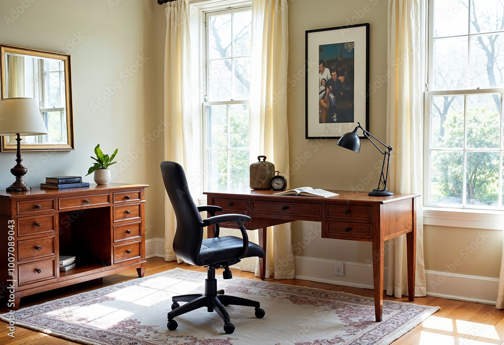Fototapeta premium Bright home office interior design with wood desk and black leather chair