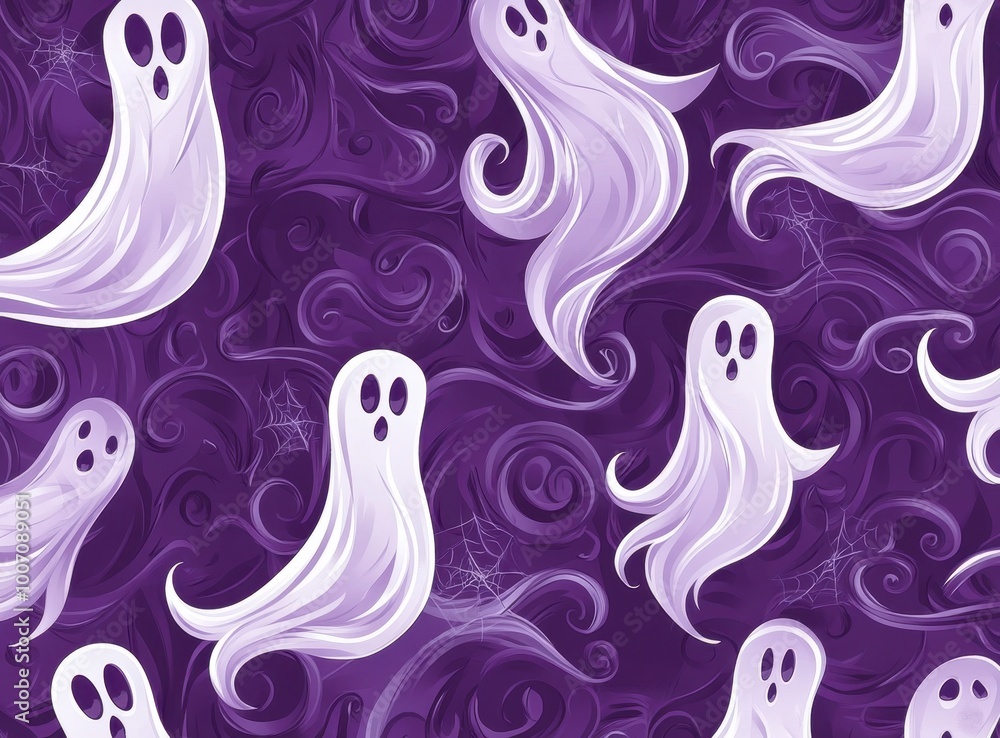 A purple background with swirling ghost shapes, suitable for Halloween-themed designs or party decorations Generative AI