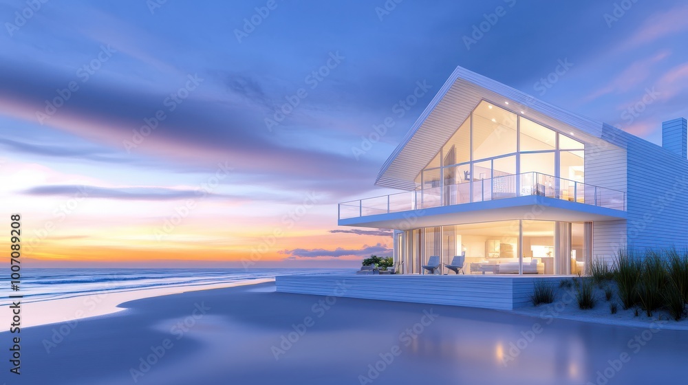 A beachside house with a white wood exterior, large balcony, and ocean views, bathed in warm sunset light. A beachside house with a white wood exterior, large balcony, and ocean views, bathed in warm sunset light.