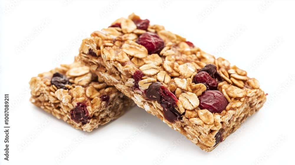 Nutritious homemade granola bars with cranberries and oats placed on a white background, highlighting healthy snack options Nutritious homemade granola bars with cranberries and oats placed on a white background, highlighting healthy snack options