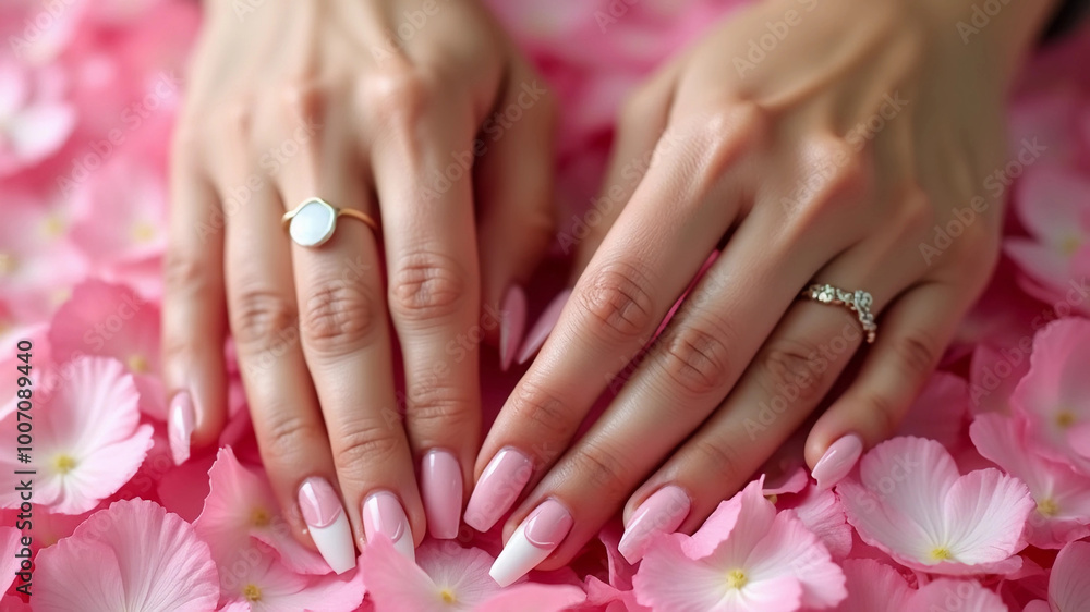 Fototapeta premium Pink manicure on a pink background with rose petals.