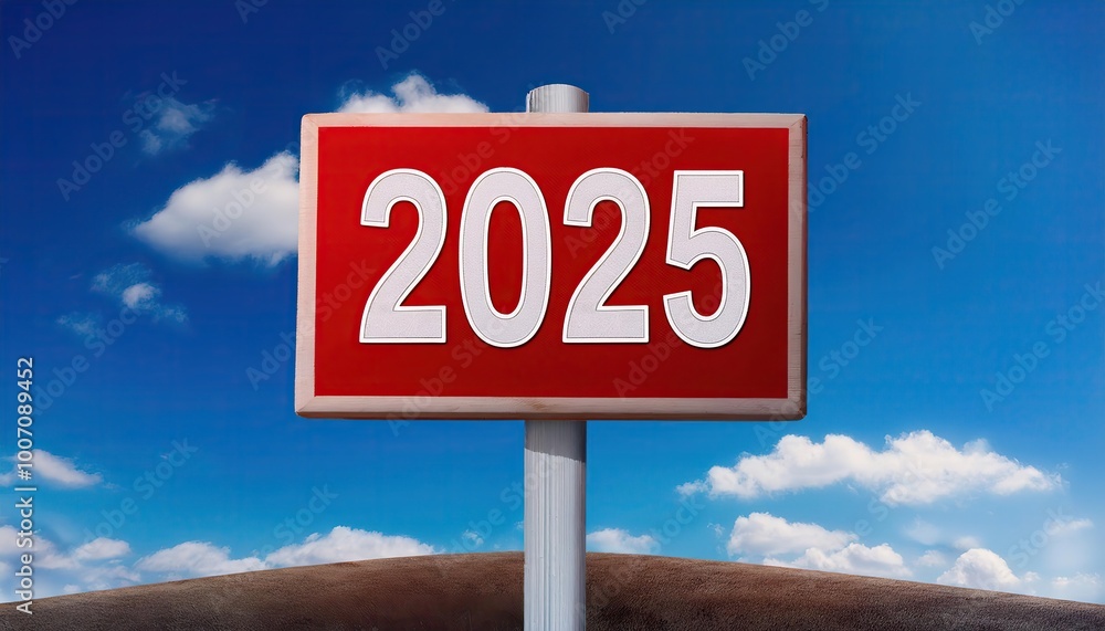 Text 2025 on red sign against blue sky. New Year resolution and goal to change and progress, business success and growth strategy, future challenge vision, start or beginning, startup Text 2025 on red sign against blue sky. New Year resolution and goal to change and progress, business success and growth strategy, future challenge vision, start or beginning, startup