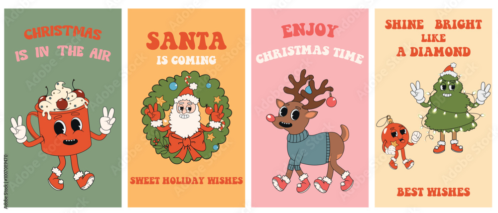 Big vector vertical retro Christmas poster set. Groovy illustration style with Santa Claus, Christmas tree, deer, holly jolly vibes, coffee in trendy retro cartoon style. Celebration banner Big vector vertical retro Christmas poster set. Groovy illustration style with Santa Claus, Christmas tree, deer, holly jolly vibes, coffee in trendy retro cartoon style. Celebration banner