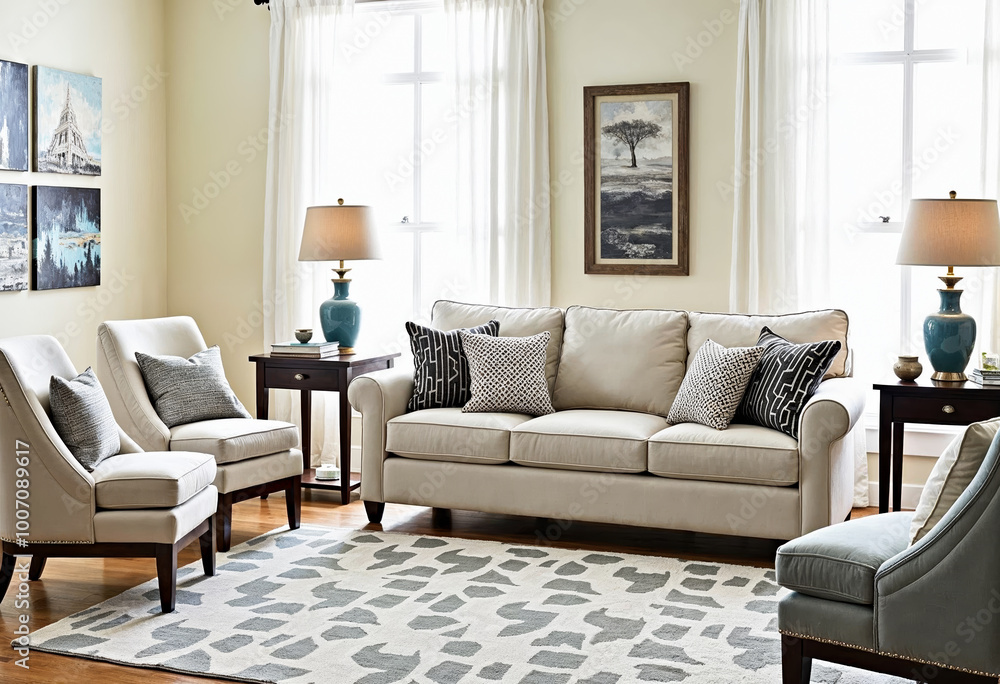 Fototapeta premium Bright living room interior with beige sofa and two armchairs hardwood floor and large windows with white curtains modern home decor