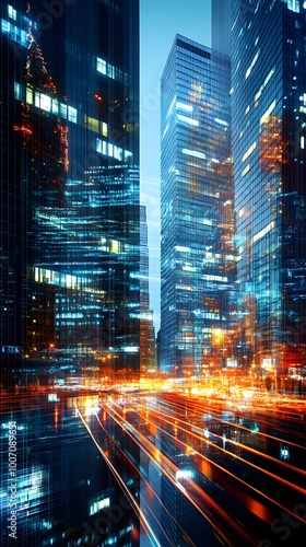 Photograph of an urban cityscape at night, with reflections on the glass surfaces of skyscrapers and long exposure lights creating streaks of motion