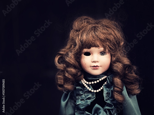 An eerie vintage porcelain doll with curly hair, wearing a dark green velvet dress and pearl necklace, with a broken, hollow eye socket, set against a dark background