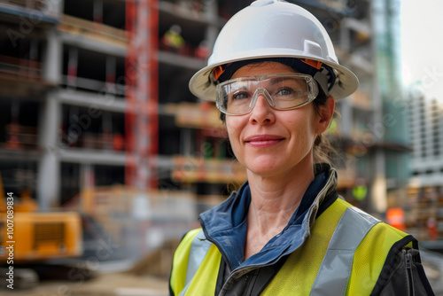 A middle-aged woman in construction gear.