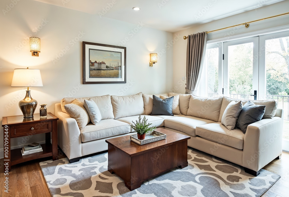 Bright living room interior design with sectional sofa french doors and rug Bright living room interior design with sectional sofa french doors and rug