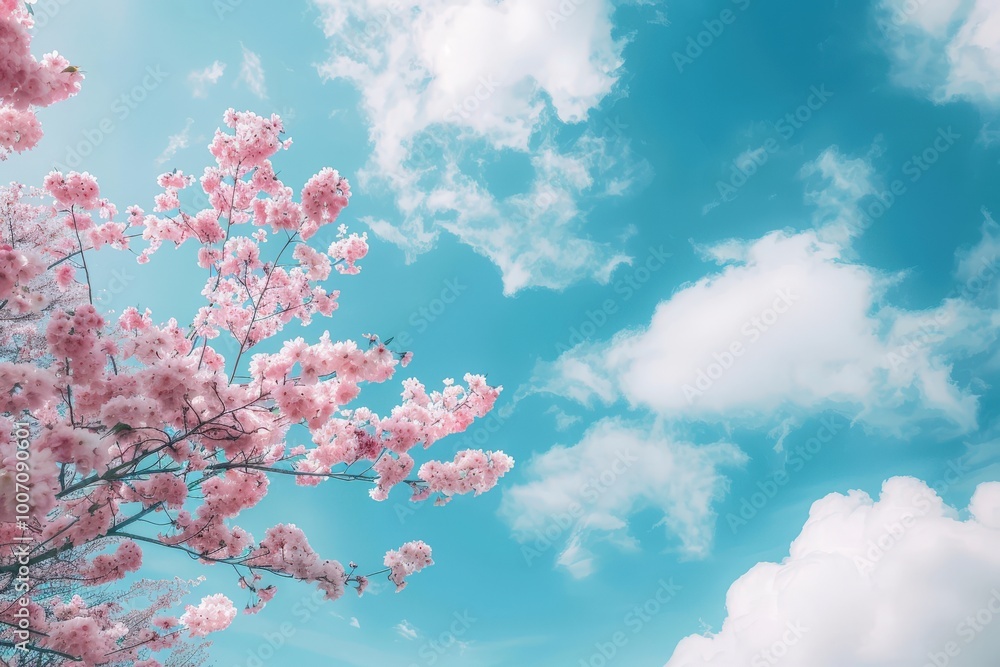 A tree with pink flowers is in front of a blue sky with clouds, generative ai image A tree with pink flowers is in front of a blue sky with clouds, generative ai image