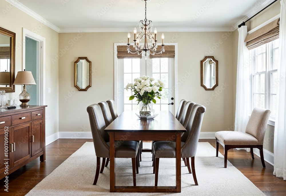 Elegant Dining Room Interior Design With Hardwood Floor Chandelier And White Flowers On Wooden Table Elegant Dining Room Interior Design With Hardwood Floor Chandelier And White Flowers On Wooden Table