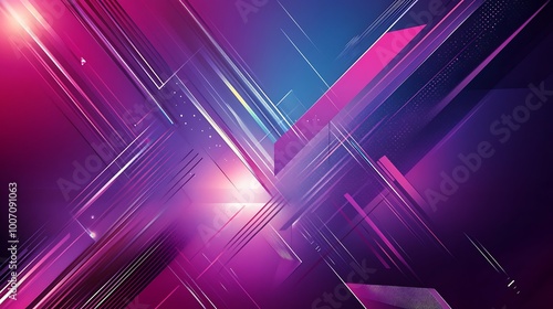 Abstract geometric background with glowing lines and shapes in shades of purple and pink.