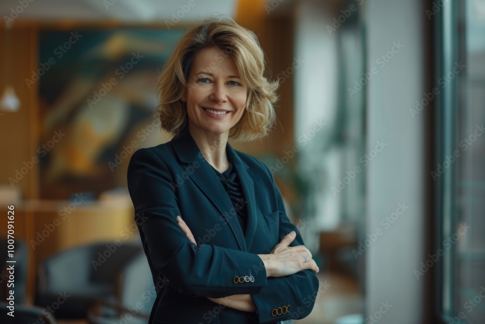 A professional woman stands with her arms crossed, conveying confidence and authority A professional woman stands with her arms crossed, conveying confidence and authority