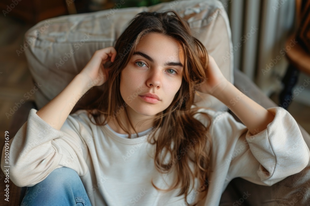 Fototapeta premium A woman sits on a couch with her hands on her head, looking stressed or frustrated