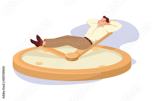 Man Character Sleeping on Clock Dial Arrow Vector Illustration