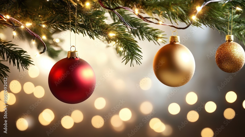 A close-up of classic red and gold Christmas ornaments hanging from a decorated tree, surrounded by twinkling lights and garland. A close-up of classic red and gold Christmas ornaments hanging from a decorated tree, surrounded by twinkling lights and garland.