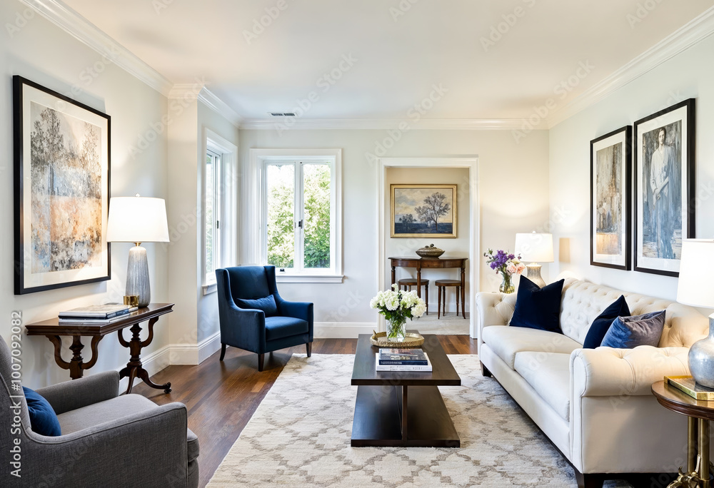 Fototapeta premium Elegant White Living Room Interior Design With Blue Accents Furniture Hardwood Floors And Large Artwork