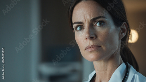 close up portrait of focused female doctor with intense eyes, showcasing her dedication and professionalism in medical environment