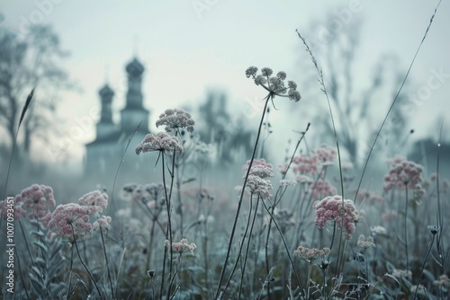 A beautiful field of flowers with a church in the background, perfect for scenic or peaceful settings