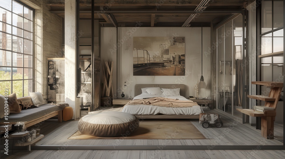 Stylish loft with an open bedroom, featuring a large bed with neutral tones and warm wooden floors, perfect for relaxation Stylish loft with an open bedroom, featuring a large bed with neutral tones and warm wooden floors, perfect for relaxation