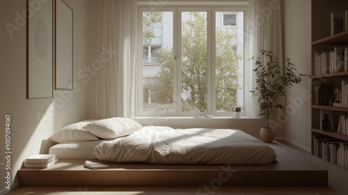 Stylish minimalist bedroom with a low bed frame, clean lines, and a cozy reading nook