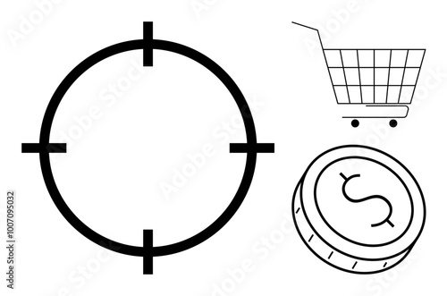 A black target symbol, a black dollar coin and a black shopping cart on a white background. Ideal for business, finance, marketing, e-commerce, investment. Simple, clean, modern