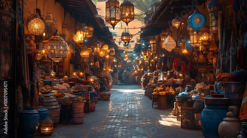 A narrow, bustling street lined with shops selling traditional crafts and goods, illuminated by hanging lanterns. The street is paved with stone and the buildings are adorned with intricate details.
