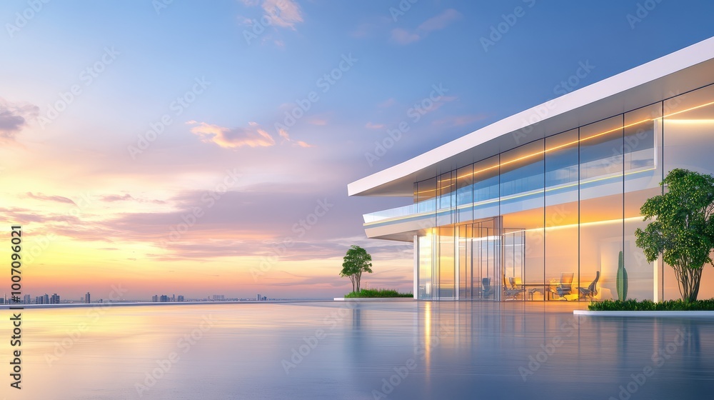 Fototapeta premium A corporate office building exterior with large, floor-to-ceiling windows and clean, angular lines, creating a sleek, modern look.