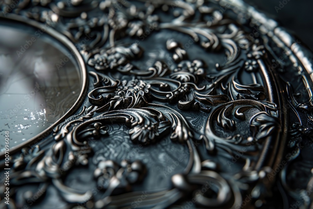 A close-up view of a silver plate with a reflective mirror, ideal for use in product photography or as an accent in interior design A close-up view of a silver plate with a reflective mirror, ideal for use in product photography or as an accent in interior design