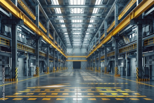 Interior of a modern industrial building with metal structures and yellow markings