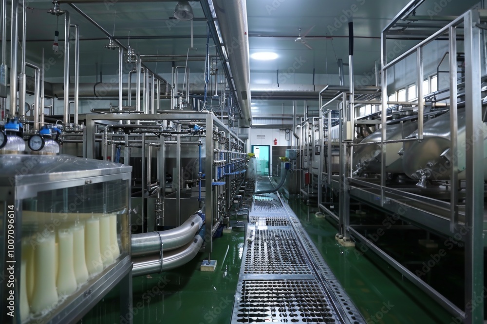 Fototapeta premium Milk processing plant flow pasteurization units for milk safety