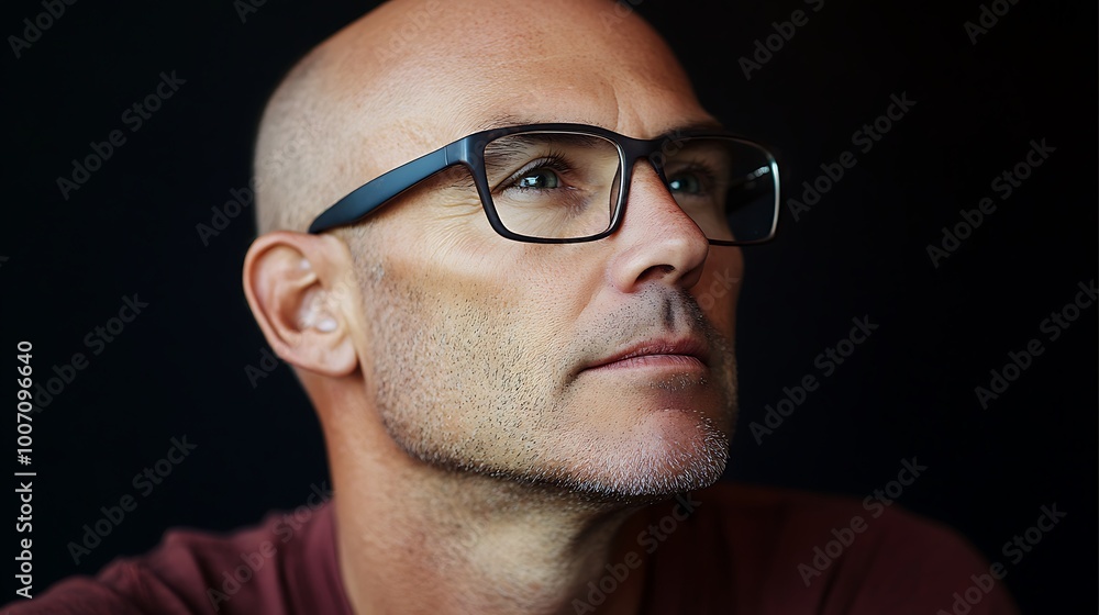A close-up portrait of a man with glasses looking up. He has a shaved head and stubble, and is wearing a maroon shirt. The background is black. A close-up portrait of a man with glasses looking up. He has a shaved head and stubble, and is wearing a maroon shirt. The background is black.