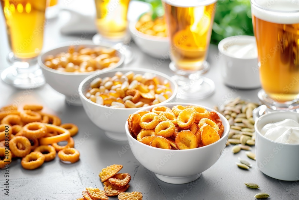 Salty beer snacks in white bowls Salty beer snacks in white bowls