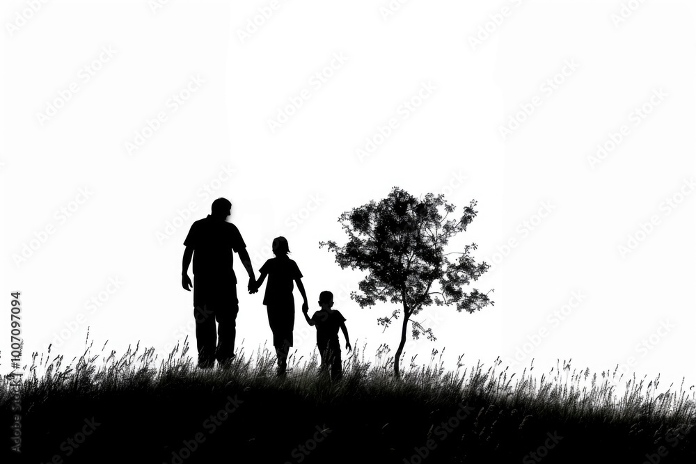 A family strolling through a green field on a sunny day A family strolling through a green field on a sunny day