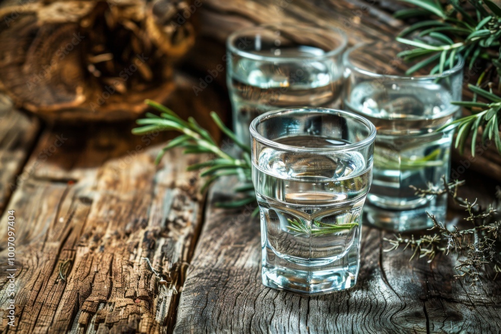 Vodka in shot glasses on rustic wood background Vodka in shot glasses on rustic wood background