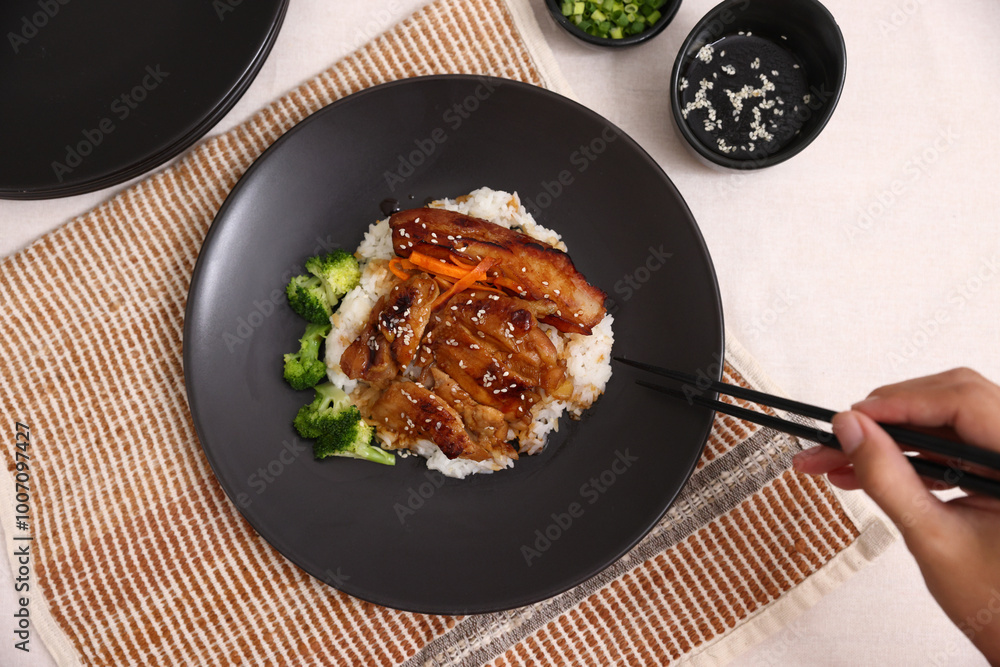 Chicken Teriyaki grilled rice with rice Japanese Food Style , put on white table Chicken Teriyaki grilled rice with rice Japanese Food Style , put on white table