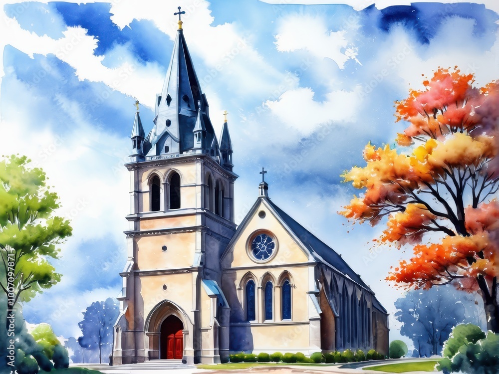 Fototapeta premium A picturesque church with a tall steeple, surrounded by trees and vibrant autumn foliage.