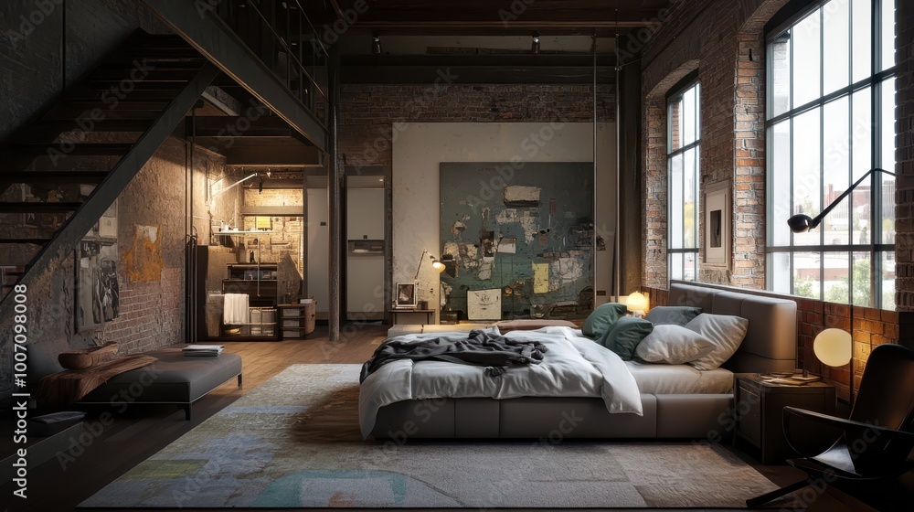 Trendy loft bedroom with open space, stylish decor, and a comfortable bed Trendy loft bedroom with open space, stylish decor, and a comfortable bed