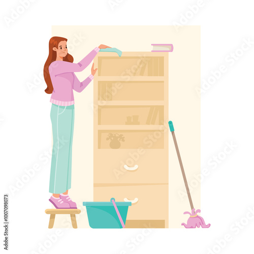 Woman Character Dusting on Shelf Do Cleanup at Home Vector Illustration