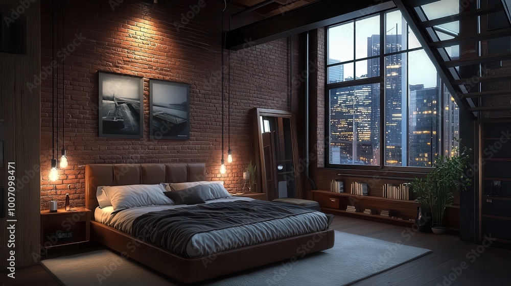 Fototapeta premium Urban loft bedroom with exposed brick, contemporary lighting, and a comfortable bed